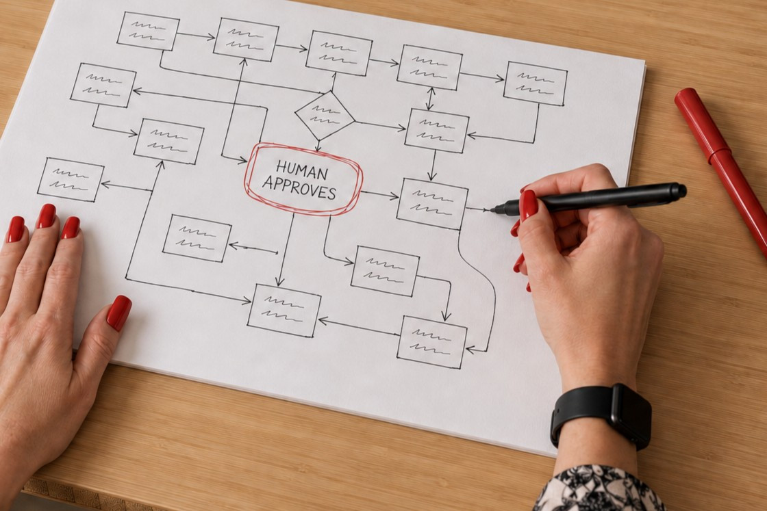 A hand-drawn automation flowchart on paper, with the human approval step circled in red